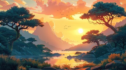 Flat illustration cartoon of golden hour lighting on natural scenery