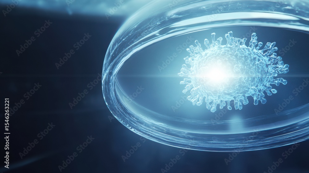 Poster close-up of a virus surrounded by a transparent sphere in a digital environment