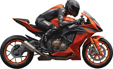 Low poly orange sport motorcycle with rider, polygonal vector illustration, racing bike design, futuristic speed concept, digital artwork, high performance motorbike motion graphic © Titan