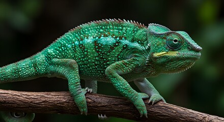 Fototapeta premium Chameleon, Reptile, Lizard, Vibrant Green Chameleon on Branch