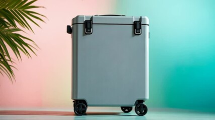 Portable cooler refrigerator with tropical palm background and vibrant gradient lighting