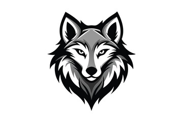 Striking gray wolf head looks directly forward with a confident and bold monochrome style