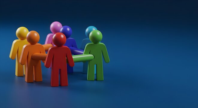 Teamwork, Unity, Collaboration, Colorful 3D figures connected together, symbolizing teamwork and unity