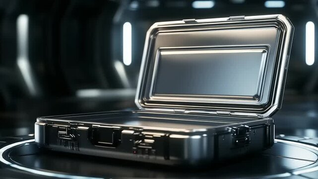 Metallic briefcase open in a futuristic setting with illuminated background elements