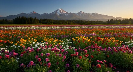 Obraz premium Flower field, Wildflowers, Colorful flowers, Vibrant Flower Field with Majestic Mountain Range at Sunset