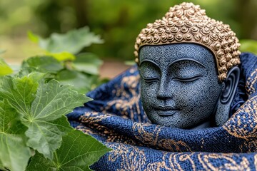Serene Dark Blue Buddha Statue with Gold Accents Nestled in Blue and Gold Cloth Among Green Foliage