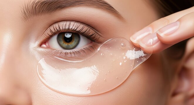 Close-up of woman applying transparent eye gel patch under eye