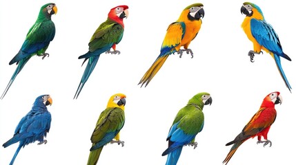 Set of photographs of birds isolated on white background,