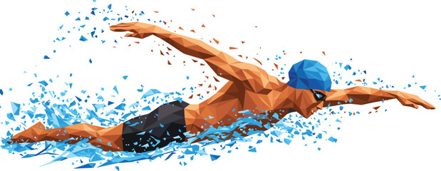 Polygonal swimmer illustration, dynamic freestyle swimming splash effect, abstract sports vector, low poly athlete in motion, blue cap water athlete, swim competition artwork