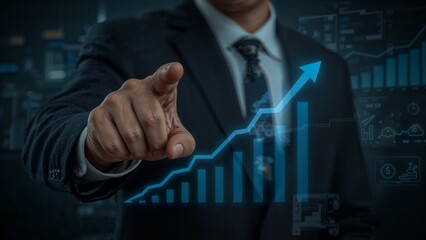 Businessperson pointing to a rising graph on a digital screen.