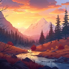 Cartoon panoramic landscape with mountains and orange glowing forest
