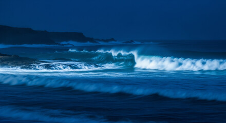 Fototapeta premium Waves crashing against rocky beach under cloudy sky