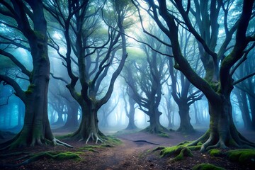 Obraz premium Enchanted forest path: Mossy trees in a mystical blue fog