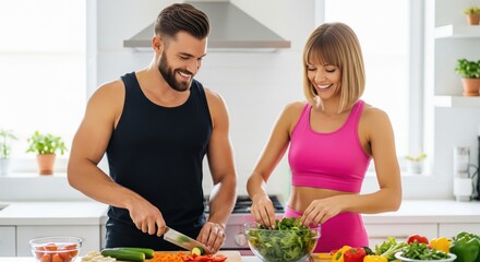 Fit young couple preparing healthy vegetable salad together in kitchen
