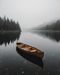 Fototapeta premium Wooden Rowboat on Calm Gray Lake in Misty Forest