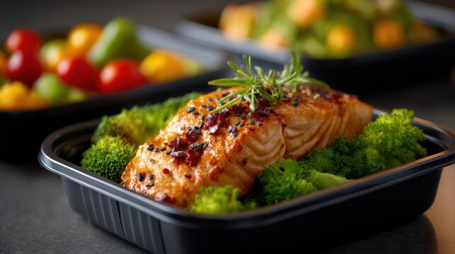 Delicious salmon and fresh broccoli in a convenient black container ready to enjoy promotes healthy eating and balanced diets great for meal prep concepts