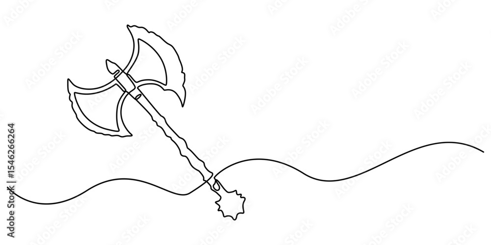 Poster Continuous one line drawing of axe design. Axe in single line draw illustration. Editable stroke, One line ax .Single line of lumberjack concept,  Abstract background, axe, hatchet, woodcutter, pro.