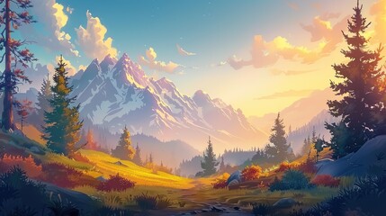 Flat cartoon forest and mountain design with warm golden hour colors