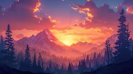 Serene cartoon forest landscape at dusk with glowing golden colors