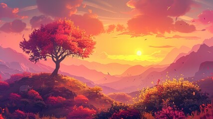 Peaceful cartoon sunset scenery of forested mountains in warm tones