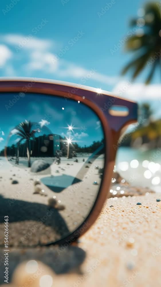 Poster enjoy the vibrant reflection of a beach scene in sunglasses resting on golden sand while palm trees 