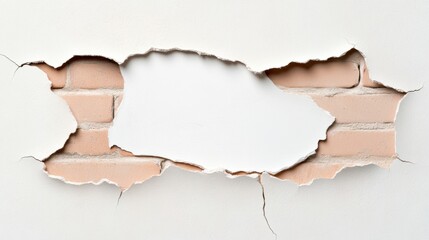 Fototapeta premium A close-up view of a damaged wall revealing brick underneath the white plaster, showcasing texture and structural details.