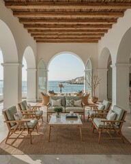 Obraz premium Living area of a Phoenician harbor house that fuses ancient architecture with minimalism designed in a seafoam green theme