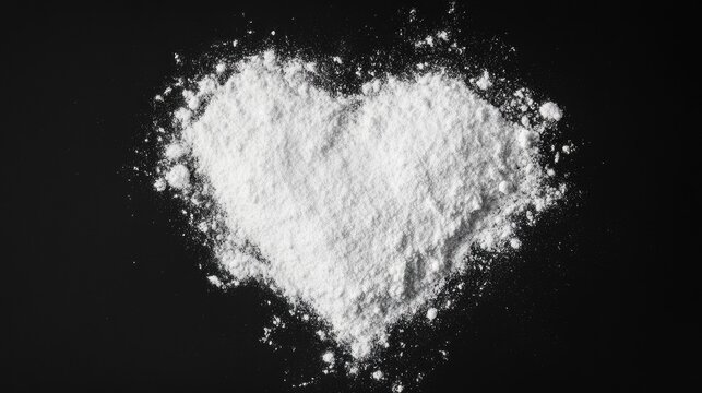 White powder in shape heart, cocaine line isolated on black background