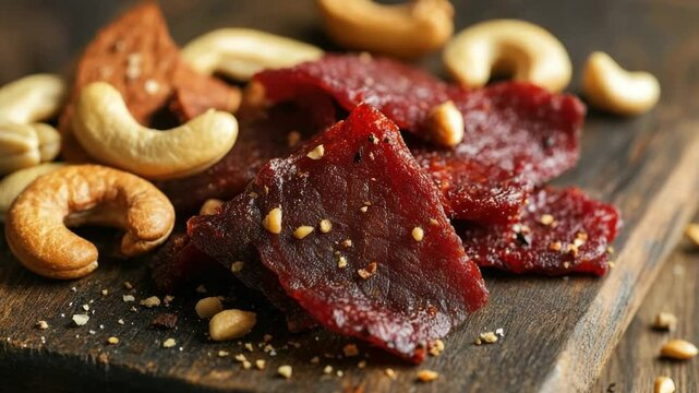 Close-up of beef jerky and cashews on a wooden board. 