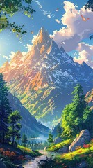 Enchanted mountain cartoon scene with glowing golden hour lighting