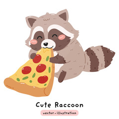Cute raccoon eating the big slice of pizza cartoon vector illustration