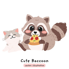 Raccoon and Cat Pizza Party Friends Adorable Animal Vector illustration