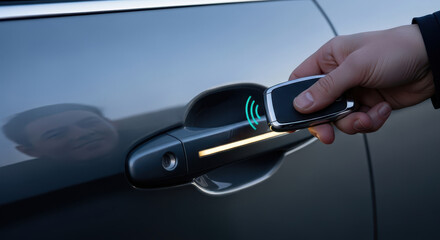 A hand uses a keyless entry fob to unlock a modern car door a concept for automotive technology smart keys and the convenience of remote vehicle access systems