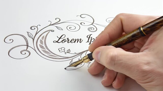 Hand Writing Lorem Ipsum Within Ornamental Frame with Fountain Pen on White Background
