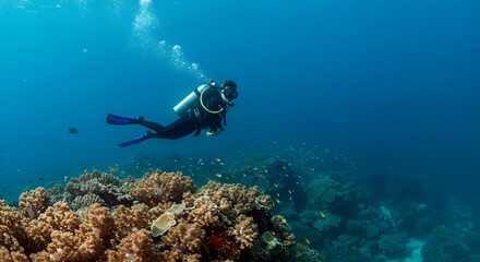 Scuba diving, Diver, Underwater, Scuba Diver Exploring Vibrant Coral Reef