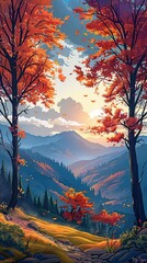 Golden hour cartoon mountain scene with colorful forest silhouettes