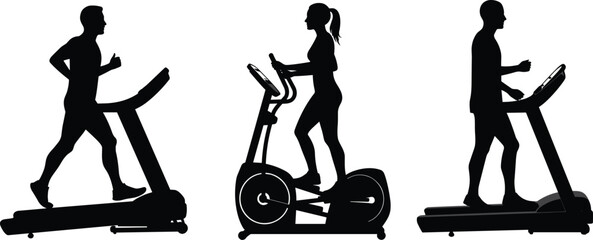 Silhouettes of people exercising on treadmill and elliptical, fitness training in gym, cardio workout illustration, healthy lifestyle concept, men and woman workout machines