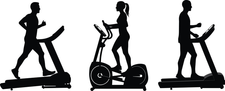 Silhouettes of people exercising on treadmill and elliptical, fitness training in gym, cardio workout illustration, healthy lifestyle concept, men and woman workout machines