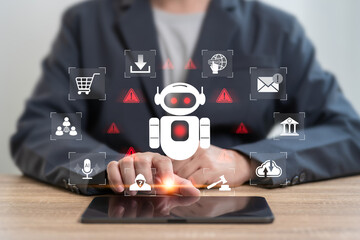 AI, Artificial Intelligence Technology and Illegal Use concept, Businessman watch out for cyber...