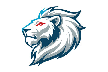 A fierce lion head with piercing red eyes stares intensely to the left side