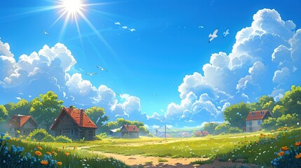 Natural sky backdrop with fluffy clouds and airborne birds