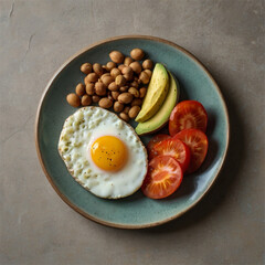 fried eggs with avocado and vegetables 