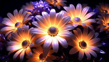 Fototapeta premium Illuminated Daisies Glowing Flowers in Dark Background