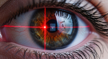A macro shot of a human eye undergoing a retinal scan with a red laser grid a futuristic concept for biometric identification security and advanced surveillance technology