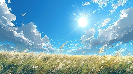 Landscape sky photo with flying birds and glowing sun