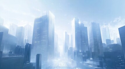 Soft Light Over Futuristic Cityscape with Tall Buildings in a Misty Atmosphere