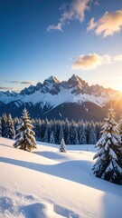 Snowy Mountain Sunset with Winter Landscape, and Alps.