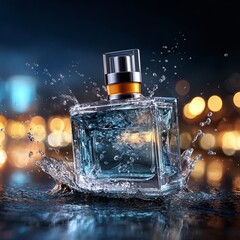 Dynamic Fragrance Splash: Perfume Bottle with Water and City Lights