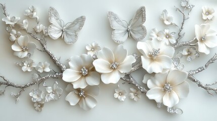 Three-dimensional flowers and butterflies are the main elements