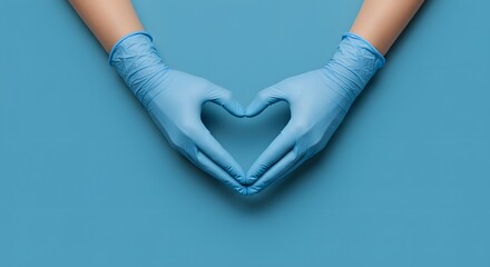 Obraz premium Heartfelt Care Hands in Blue Gloves Forming a Heart Shape